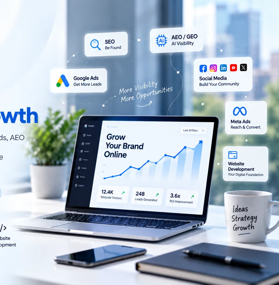 Laptop analytics dashboard with SEO, AI visibility, social media and advertising service cards