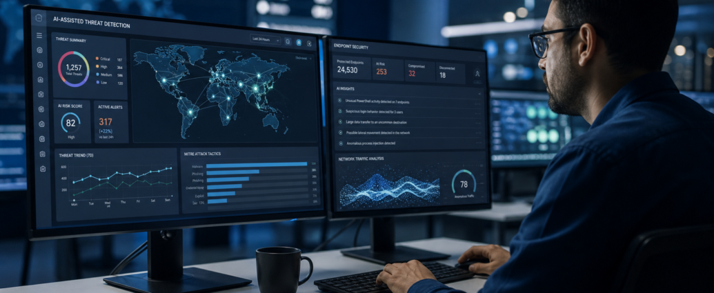 Professional analyst using AI-powered cybersecurity threat detection dashboards