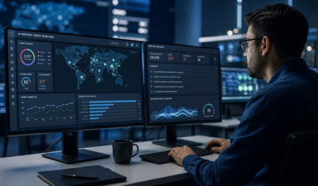 Professional analyst using AI-powered cybersecurity threat detection dashboards