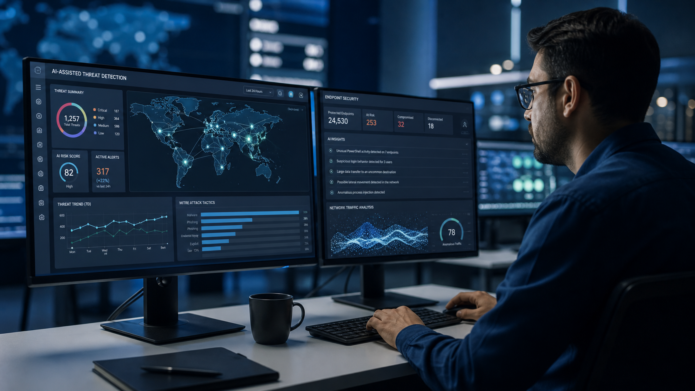 Professional analyst using AI-powered cybersecurity threat detection dashboards