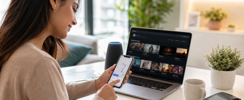Person using smartphone and laptop with AI-powered navigation, streaming, and digital payments