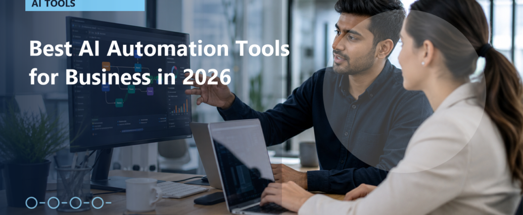 Business team reviewing AI automation software dashboard in a modern office