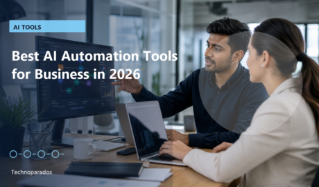 Business team reviewing AI automation software dashboard in a modern office