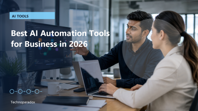 Business team reviewing AI automation software dashboard in a modern office