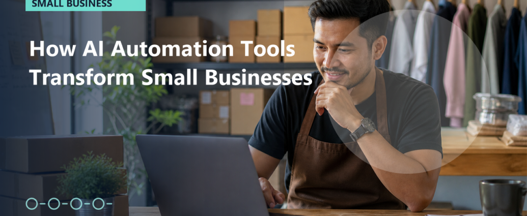 Small business owner using AI automation tools at a workspace with shipping boxes