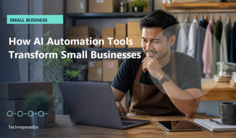 Small business owner using AI automation tools at a workspace with shipping boxes