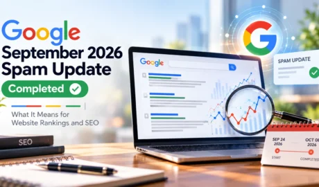 Google September 2026 spam update completion illustrated with search results, ranking charts and the September 24 to October 8 rollout dates