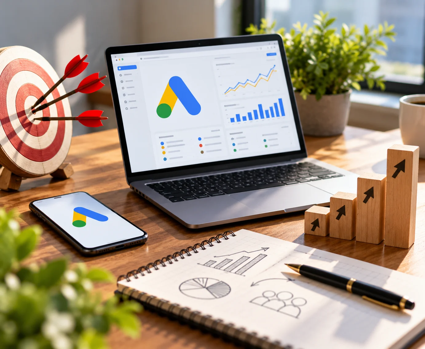 Google Ads campaign dashboard with an advertising target and growth charts