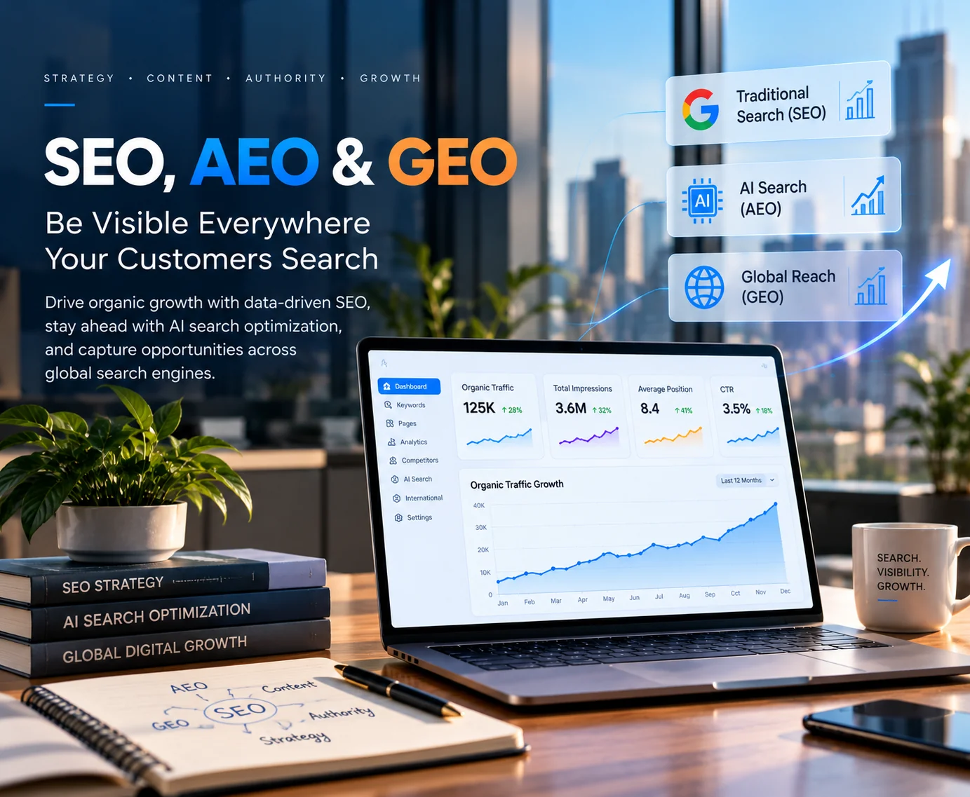 SEO, AEO and GEO search visibility illustration with an organic traffic dashboard
