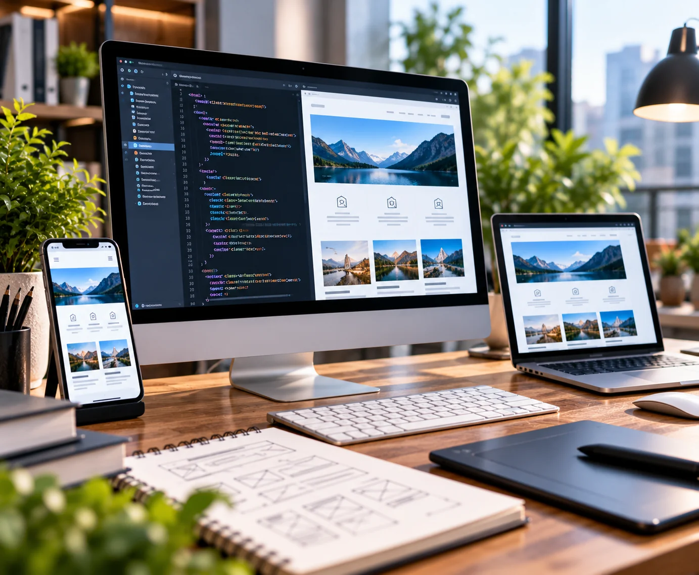 Responsive website development shown on desktop, laptop and mobile screens